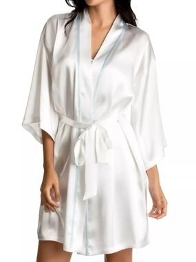 Linea Donatella White Satin Kimono Robe with Light Blue Trim